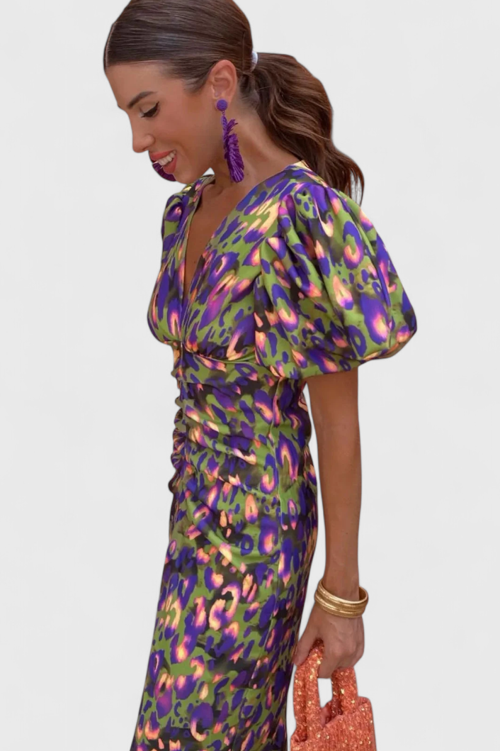 Wibia Printed Dress with Puff Sleeves and Gathered Details