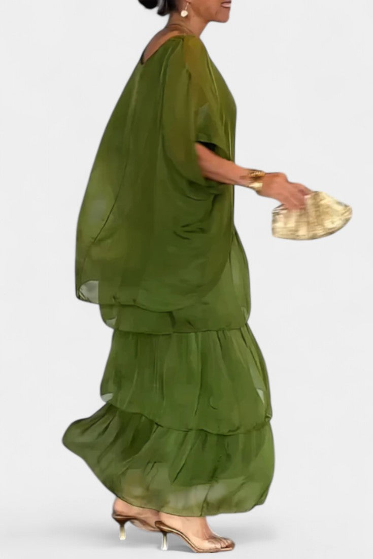 Caroline Maxi Dress with Ruffles and Batwing Sleeves