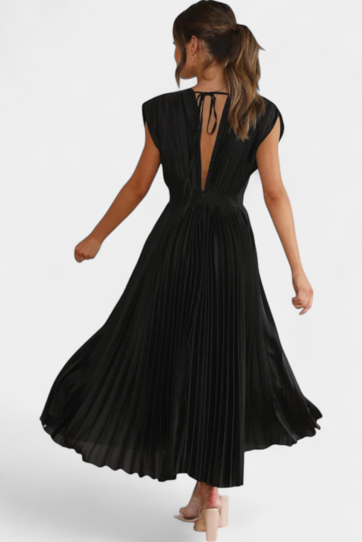 Mireia Pleated Dress with Draped Neckline and High Waist