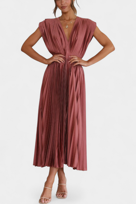 Mireia Pleated Dress with Draped Neckline and High Waist