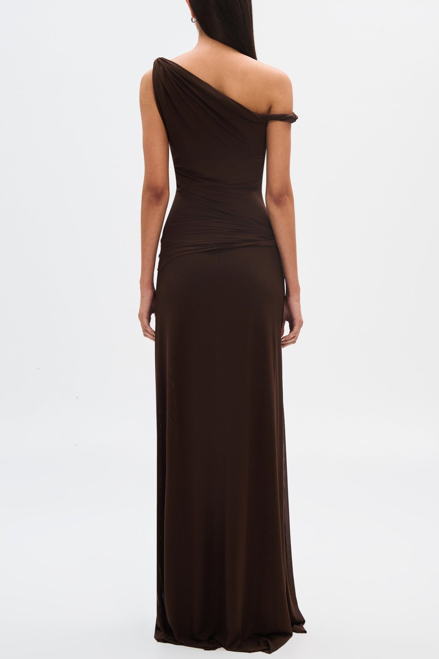 Eranda Draped Mesh Maxi Dress with Off-Shoulder Design