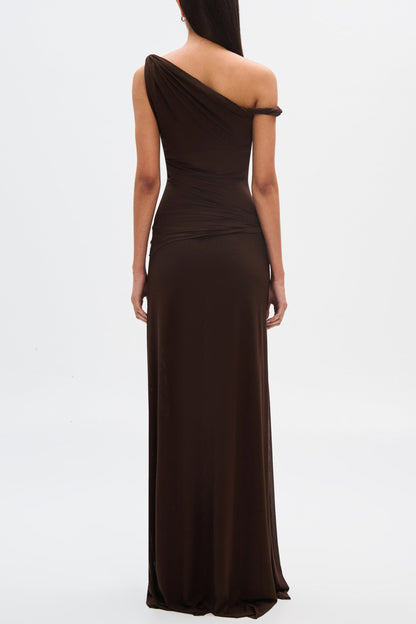 Eranda Draped Mesh Maxi Dress with Off-Shoulder Design