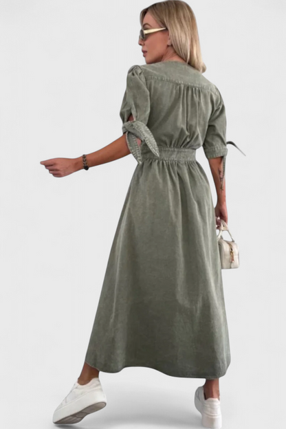 Adelina Button-Down Denim Midi Dress with V-Neckline