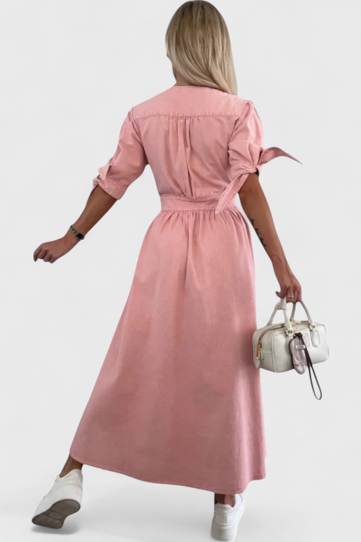 Adelina Button-Down Denim Midi Dress with V-Neckline