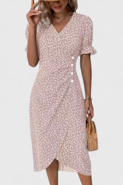 Joana Floral Midi Dress with V-Neckline and Short Sleeves