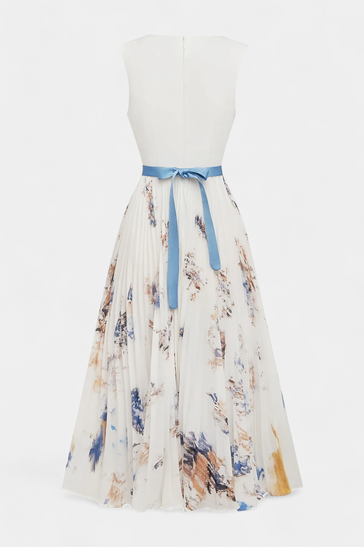 Elise Sleeveless Midi Dress with Floral Print and Pleated Details