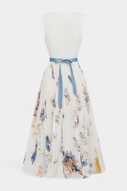 Elise Sleeveless Midi Dress with Floral Print and Pleated Details
