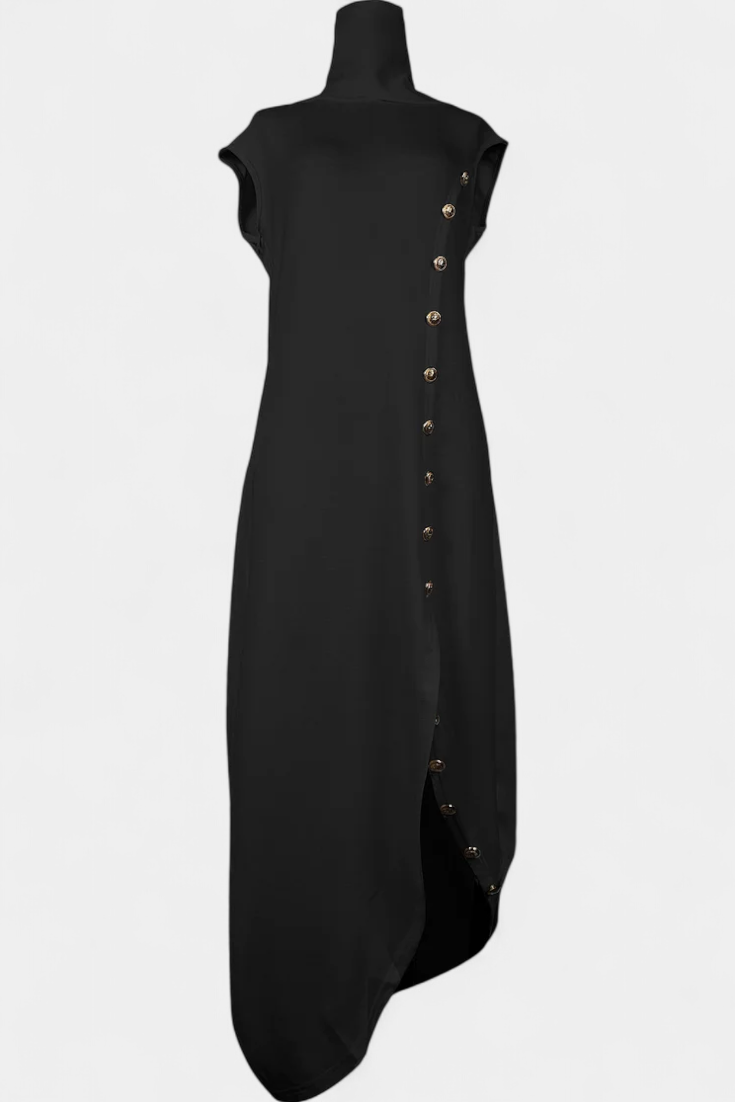 Aphrodite Asymmetrical Dress with Elegant Gold Buttons