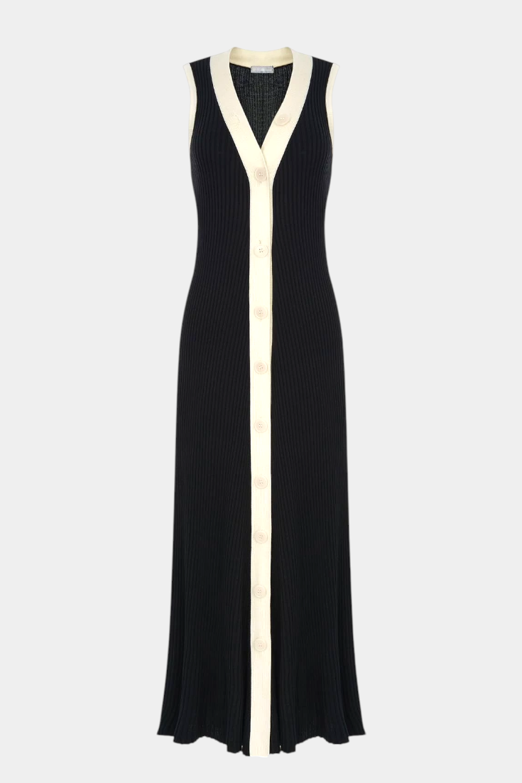 Brielle Sleeveless V-Neck Dress with Contrast Buttons
