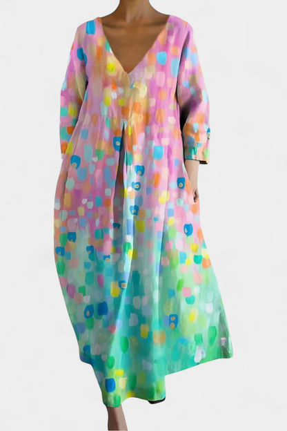 Anne Colorful Long Dress with V-Neckline