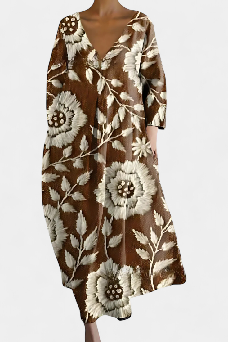 Anne Colorful Long Dress with V-Neckline