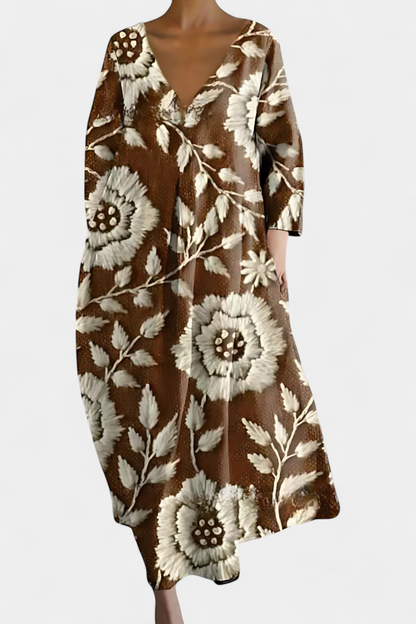 Anne Colorful Long Dress with V-Neckline
