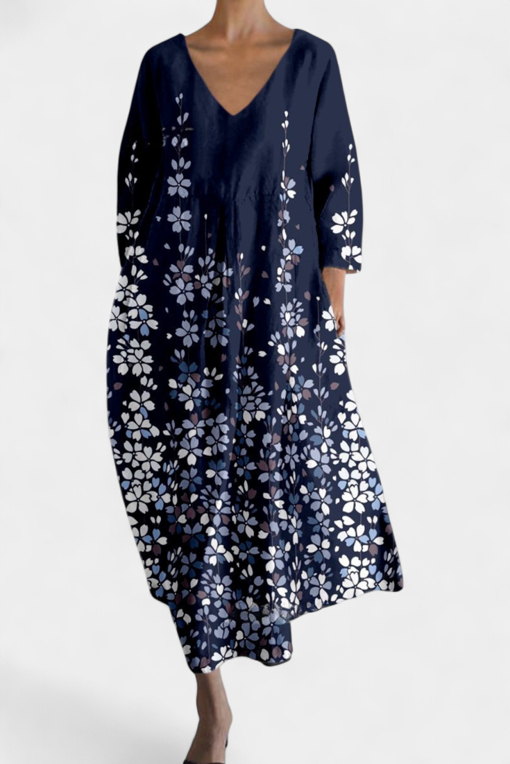 Anne Colorful Long Dress with V-Neckline
