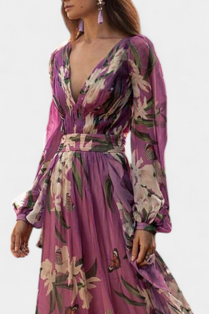 Roselle Floral Mesh Casual Dress with V-Neckline