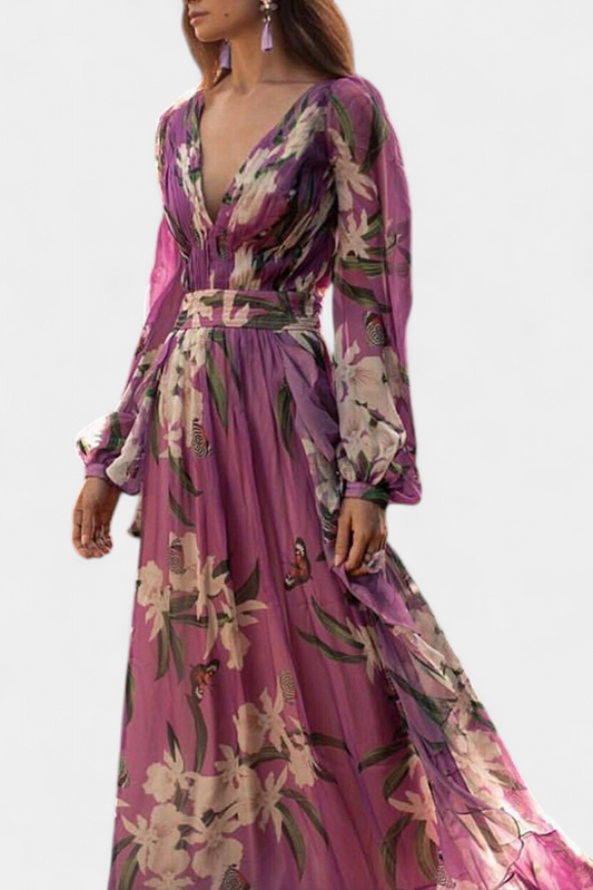 Roselle Floral Mesh Casual Dress with V-Neckline