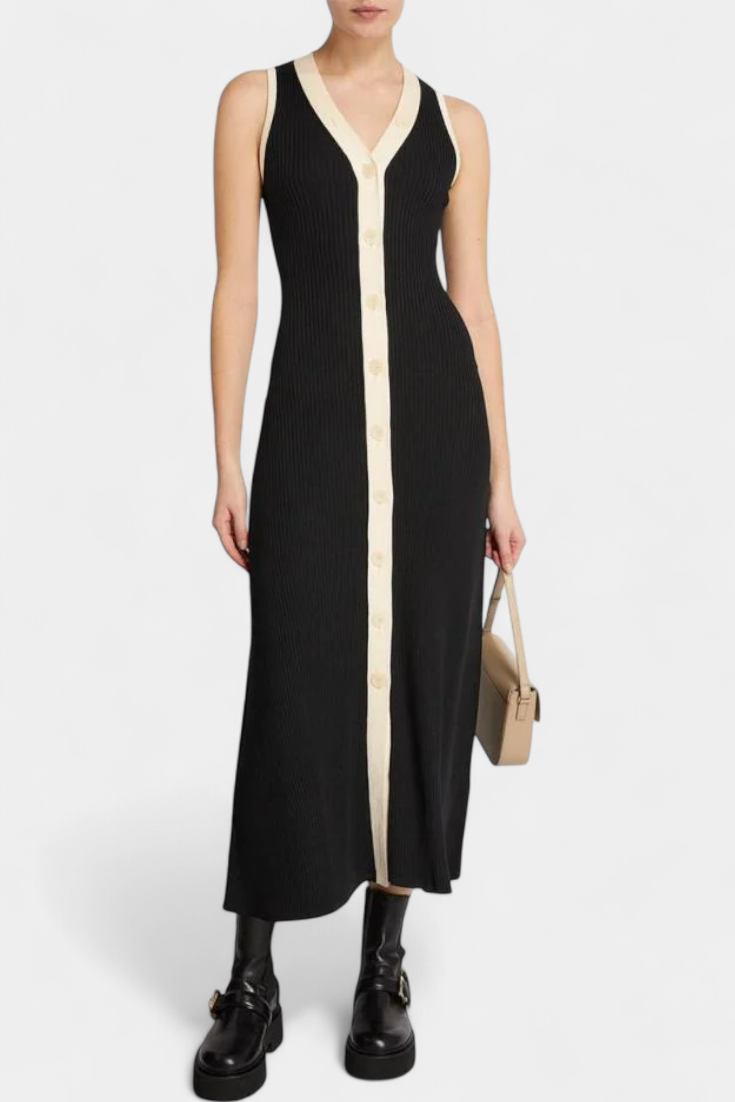Brielle Sleeveless V-Neck Dress with Contrast Buttons