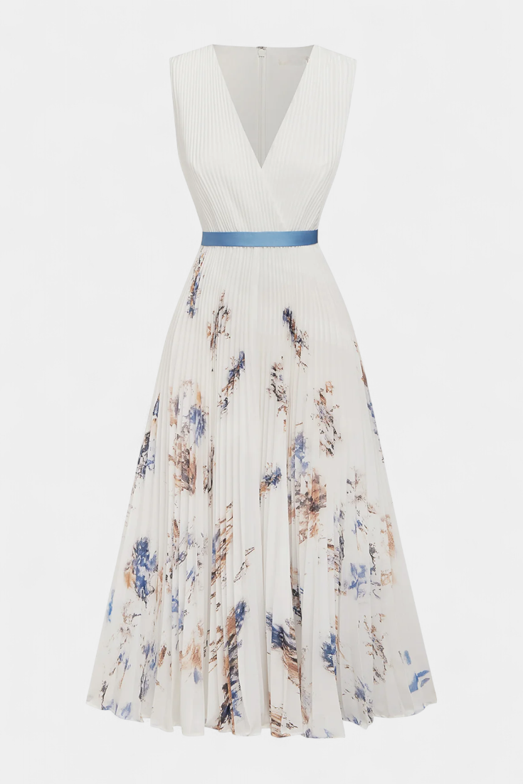 Elise Sleeveless Midi Dress with Floral Print and Pleated Details