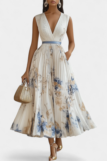 Elise Sleeveless Midi Dress with Floral Print and Pleated Details