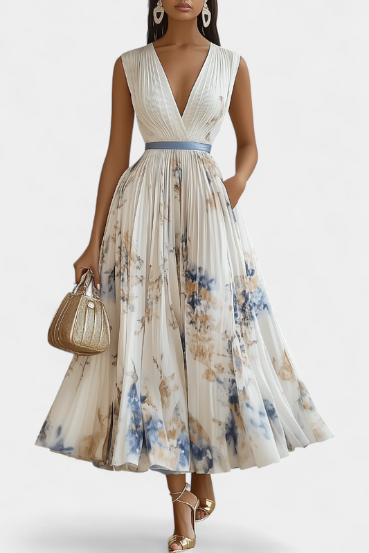 Elise Sleeveless Midi Dress with Floral Print and Pleated Details