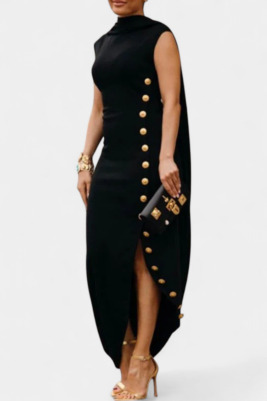 Aphrodite Asymmetrical Dress with Elegant Gold Buttons