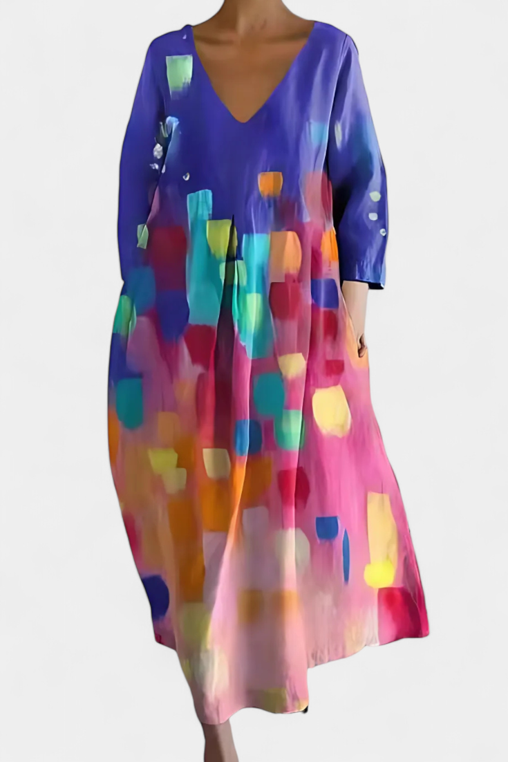 Anne Colorful Long Dress with V-Neckline