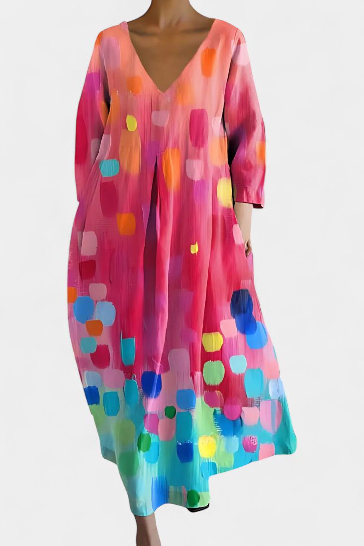 Anne Colorful Long Dress with V-Neckline