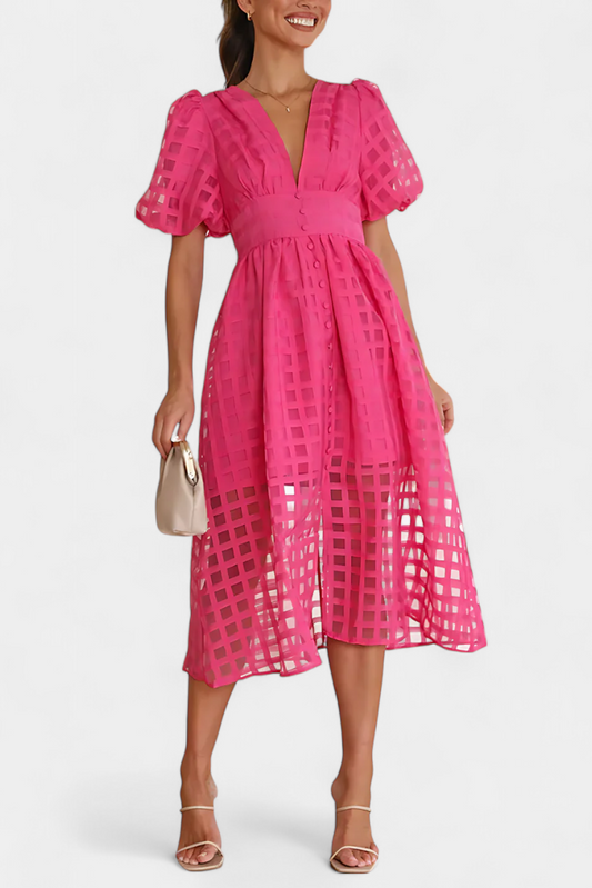 Marigold Midi Dress with Puff Sleeves and Square Design
