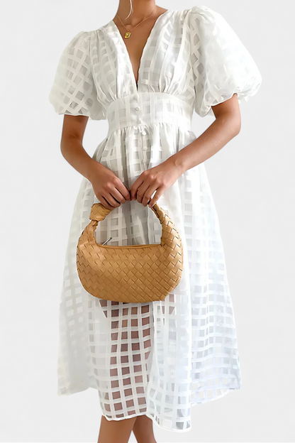 Marigold Midi Dress with Puff Sleeves and Square Design