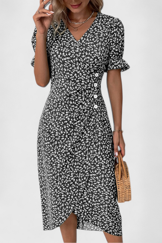 Joana Floral Midi Dress with V-Neckline and Short Sleeves