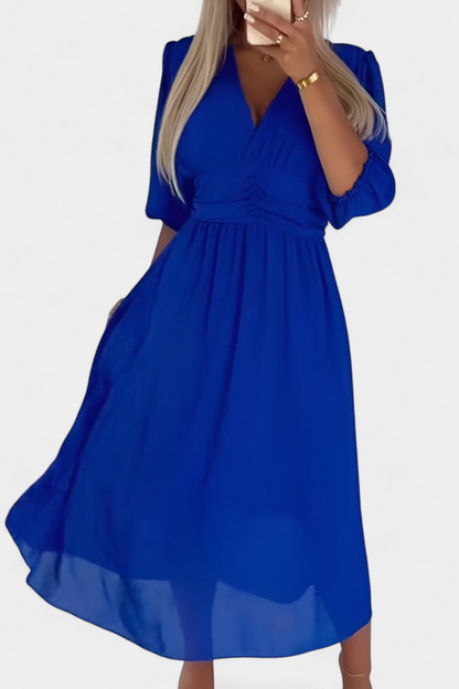 Dorina Chic Midi Dress with V-Neckline and Light Sleeves