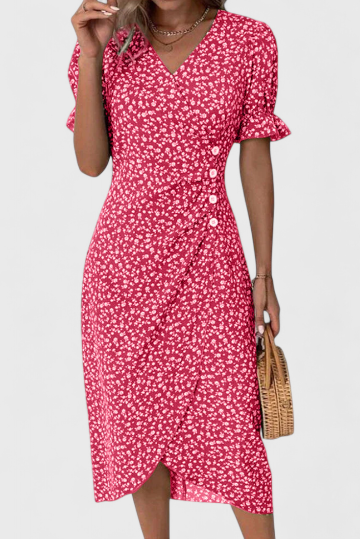 Joana Floral Midi Dress with V-Neckline and Short Sleeves