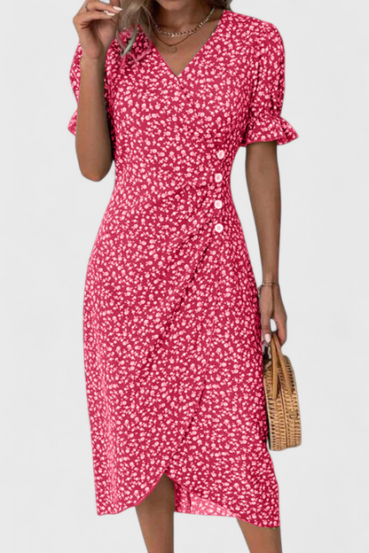Joana Floral Midi Dress with V-Neckline and Short Sleeves