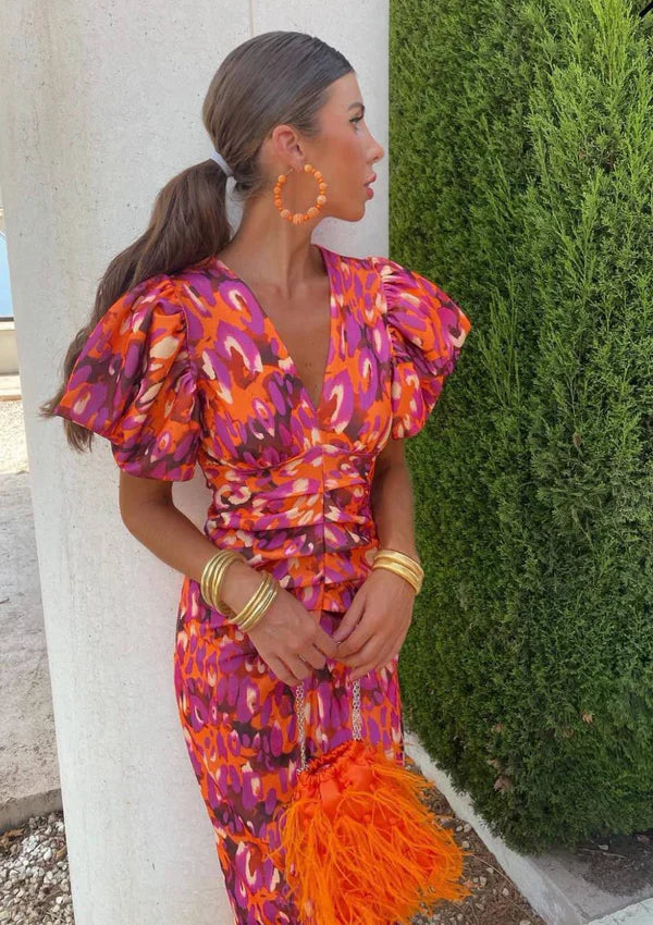 Arielle™ | Women's Colorful Midi Dress with Pleated Sleeves