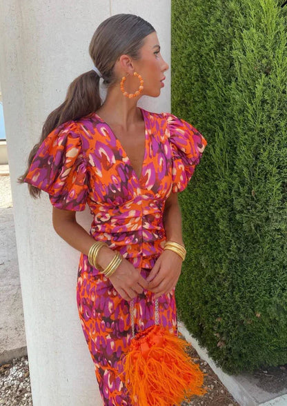 Arielle™ | Women's Colorful Midi Dress with Pleated Sleeves