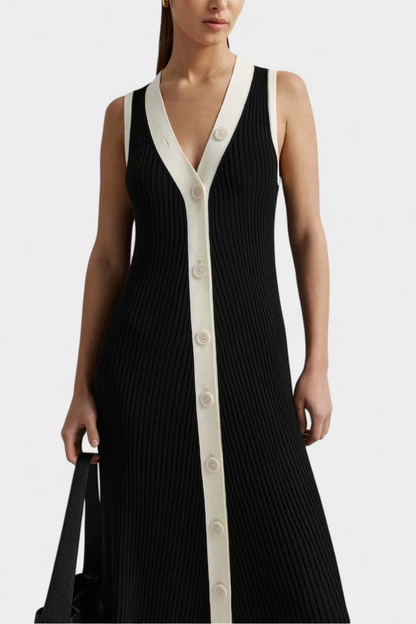 Brielle Sleeveless V-Neck Dress with Contrast Buttons