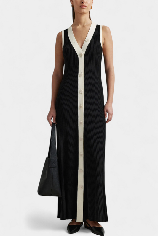Brielle Sleeveless V-Neck Dress with Contrast Buttons