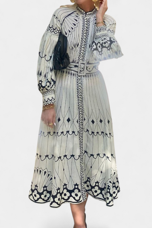 Soria Maxi Dress with Embroidered Button in Folk Style