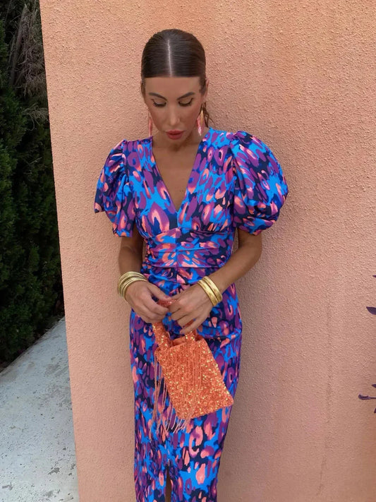 Arielle™ | Women's Colorful Midi Dress with Pleated Sleeves