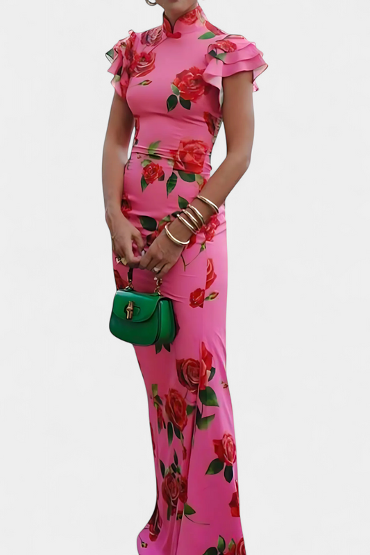 Mayra Elegant Qipao Dress with Rose Print