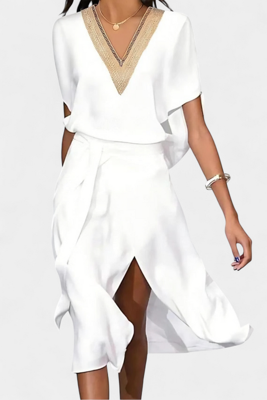 Effie White Wrap Dress with Openwork Neckline and Front Slit
