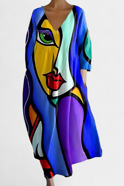 Anne Colorful Long Dress with V-Neckline