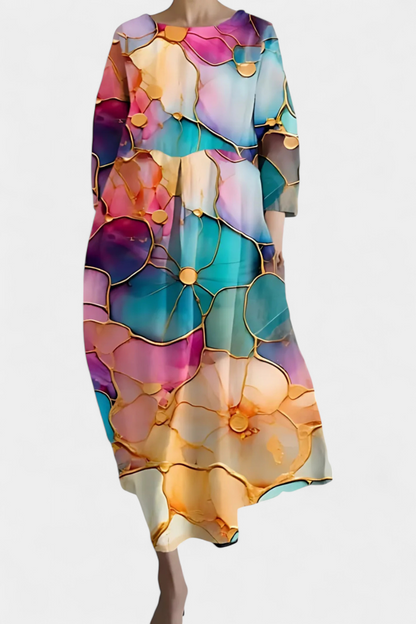 Anne Colorful Long Dress with V-Neckline