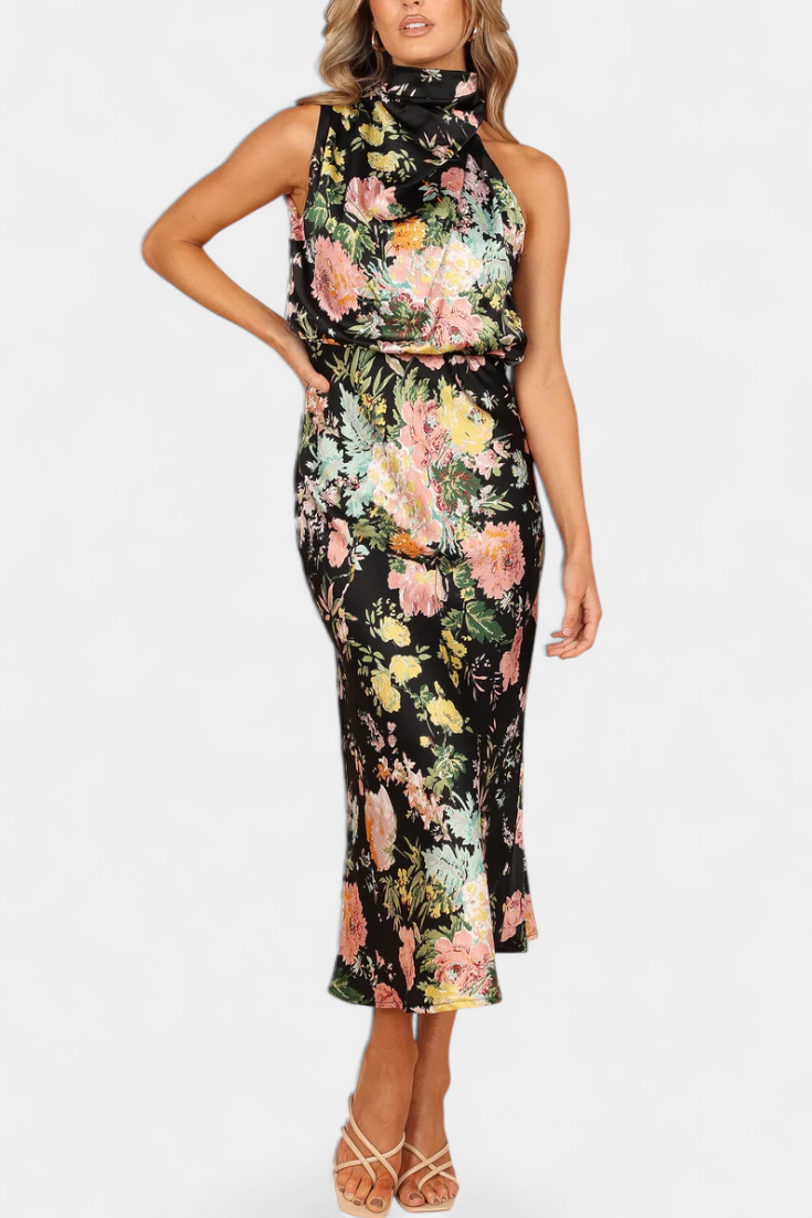 Lisa Floral Maxi Dress with Halter Neck and Adjustable Waist
