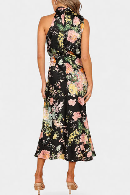 Lisa Floral Maxi Dress with Halter Neck and Adjustable Waist