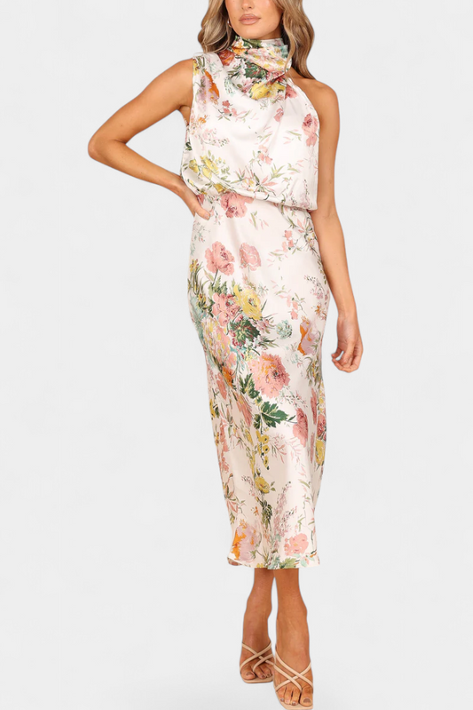Lisa Floral Maxi Dress with Halter Neck and Adjustable Waist