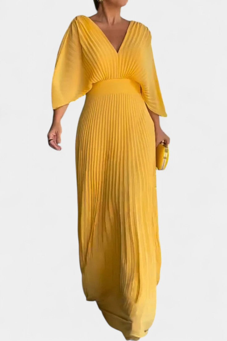 Anita Midi Dress with Pleats and V-Neckline
