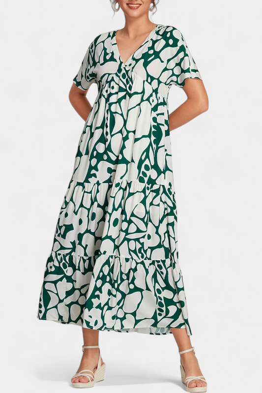 Nélida Long Dress with V-Neckline and Flowy Print