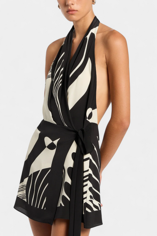 Fae Halter Short Dress with Abstract Print and Belt