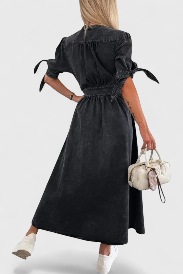 Adelina Button-Down Denim Midi Dress with V-Neckline