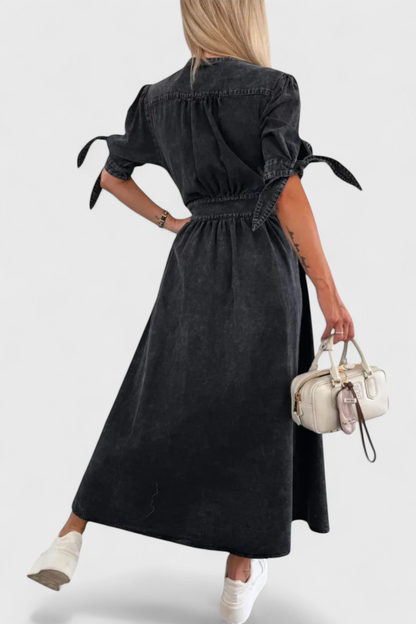 Adelina Button-Down Denim Midi Dress with V-Neckline